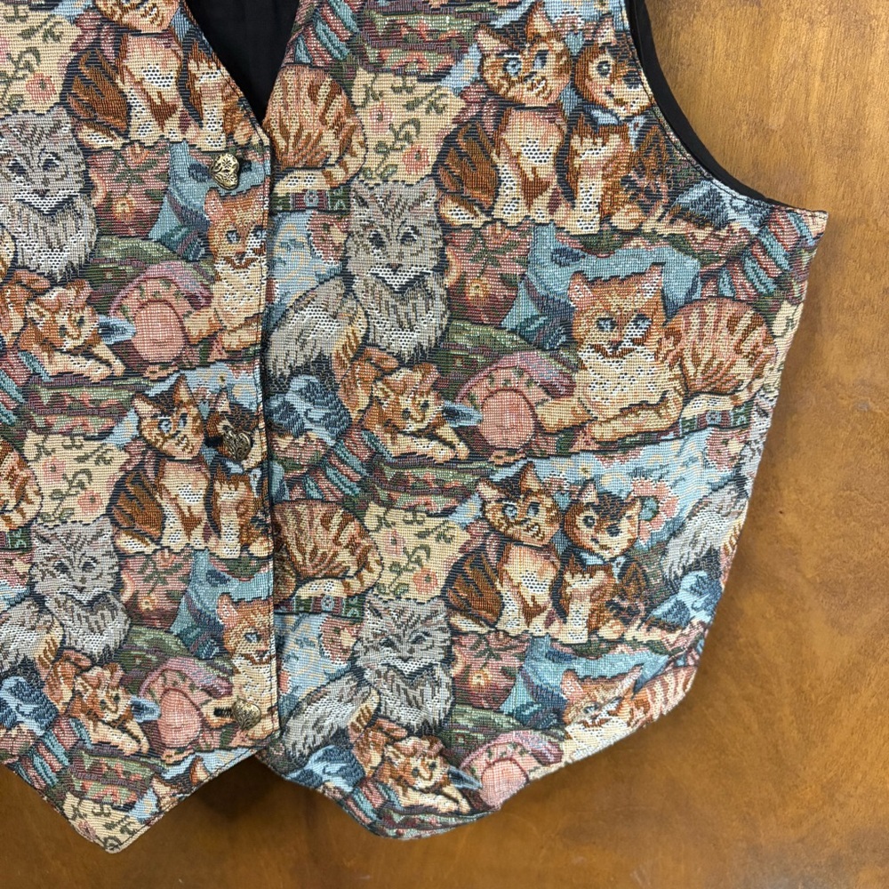 Vintage Cat Tapestry Patchwork Vest Retro Y2K 90s Cottagecore Grandma Kitty Mod - Picture 11 of 16